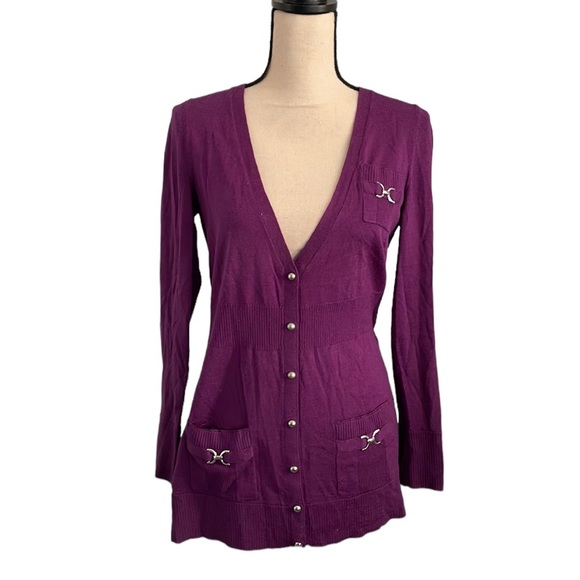 White House Black Market Sweaters - WHBM Purple Merino Wool Button Front Long Sleeve Cardigan Sweater size Small